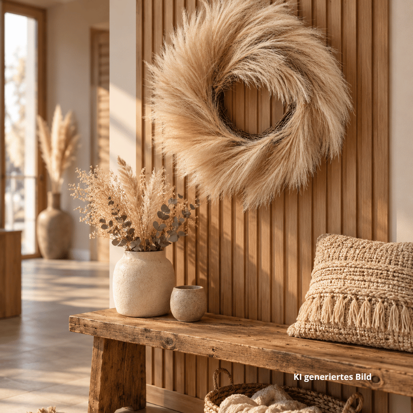 Boho Pampasgras-Kranz (40 cm) in Naturbeige als stilvolle Wanddeko im Flur mit Holzpaneelen, rustikaler Holzbank und natürlichen Wohnaccessoires.