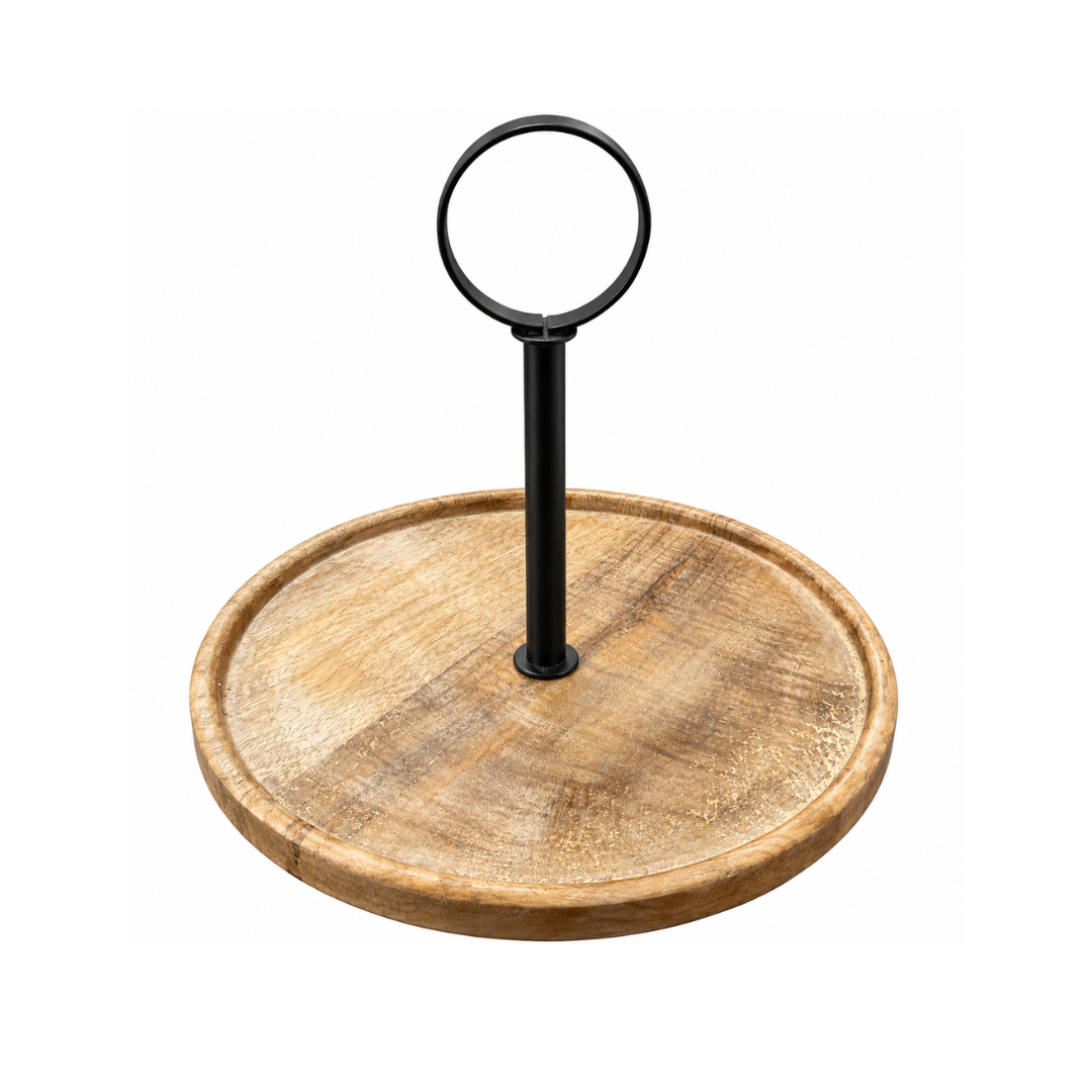Rundes Tablett aus Mangoholz mit schwarzem Metallgriff in der Mitte, ca. 30 cm Durchmesser, als Servierplatte oder Dekotablett.