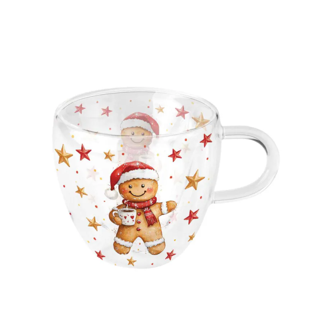 Ambiente Teeglas Cocoa and Cookie aus transparentem Borosilikatglas mit Lebkuchenmann, roten und goldenen Sternen und Henkel, 0,2 Liter.