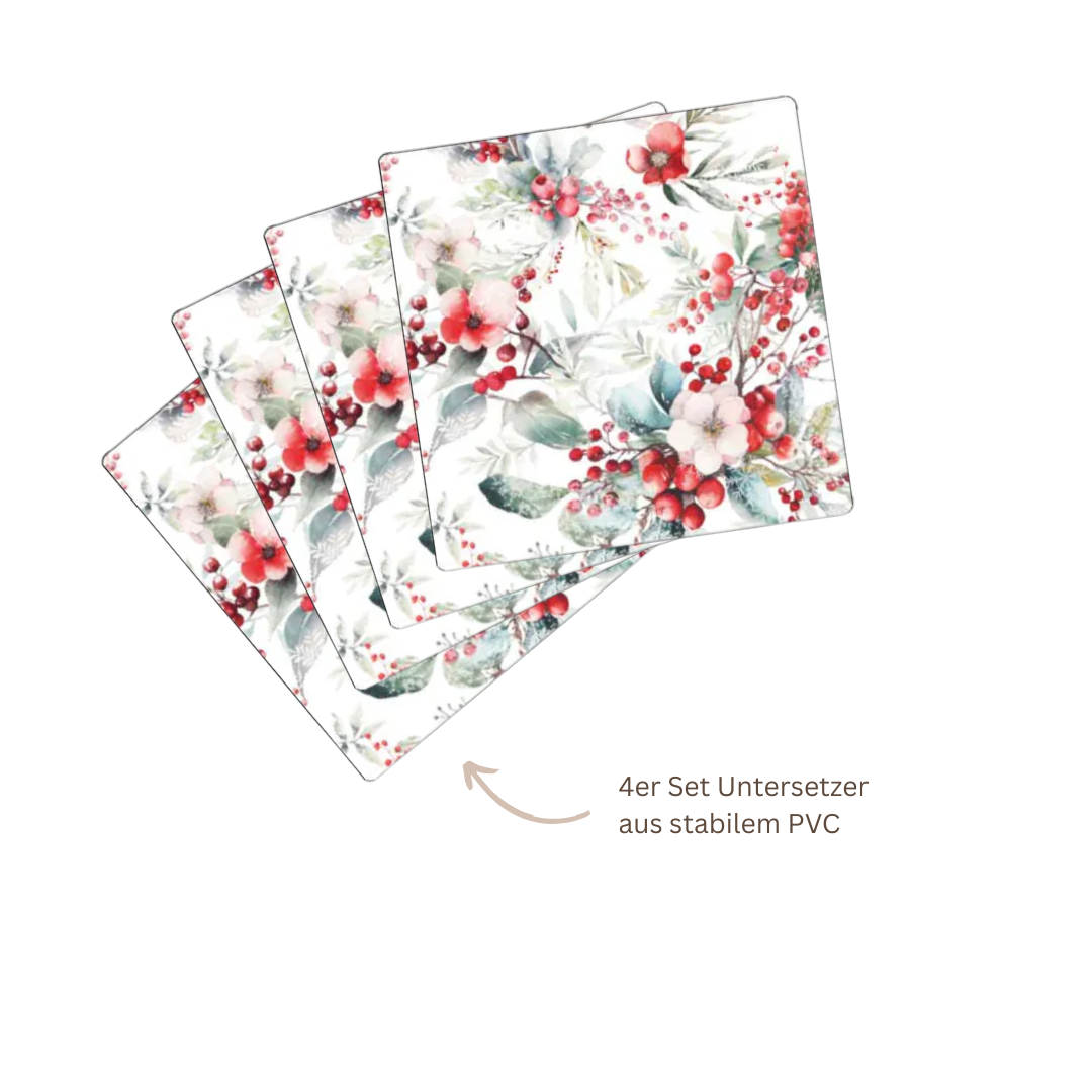 Ambiente Untersetzer Winter Berries im 4er Set mit roten Beeren, roten und roséfarbenen Blüten sowie grünen und salbeifarbenen Blättern.