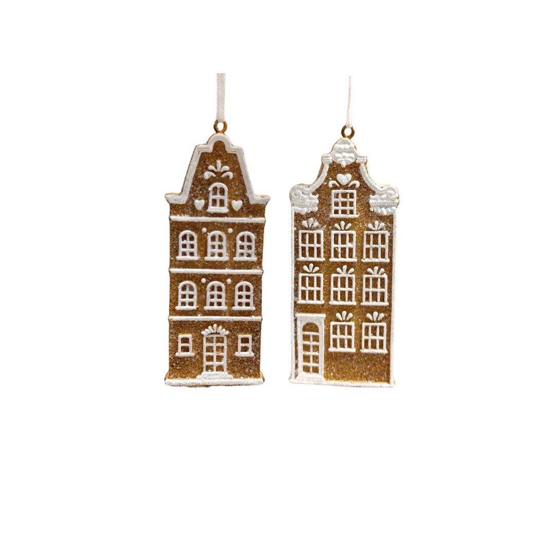 Dekoanhänger Lebkuchenhaus aus Polyresin – Braun & Weiß, leicht glitzernd