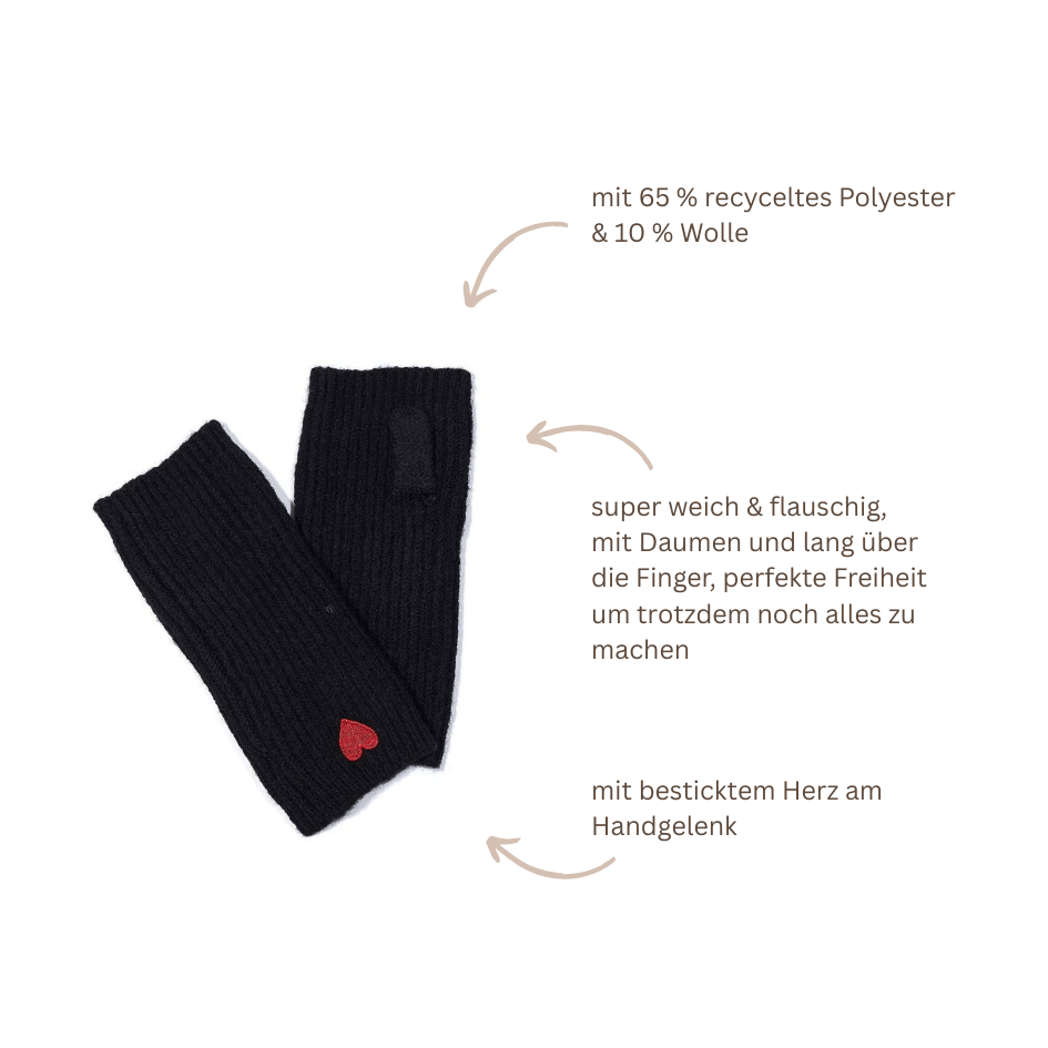 Flauschige schwarze Damen-Handstulpen mit rotem gesticktem Herz am Handgelenk und separater Daumenöffnung und Details.