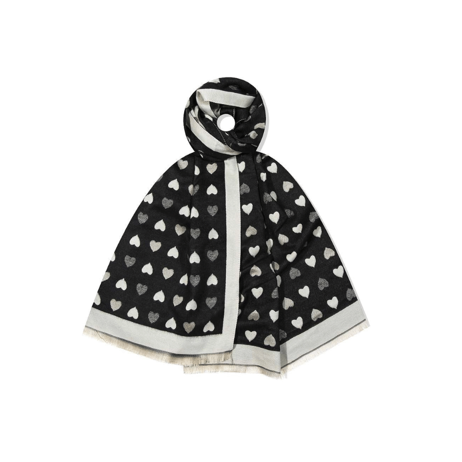 Wendeschal in Schwarz und Creme mit Herzmuster, eine Seite cremefarben mit schwarzen Herzen und die andere schwarz mit cremefarbenen Herzen.