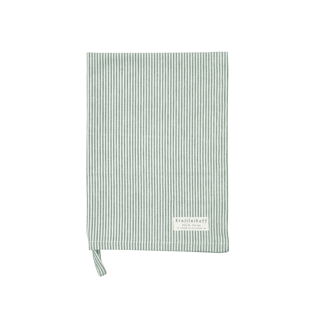 Krasilnikoff Geschirrtuch Thin Stripes Dusty Green mit feinen grünen Streifen im Format 50 x 70 cm.