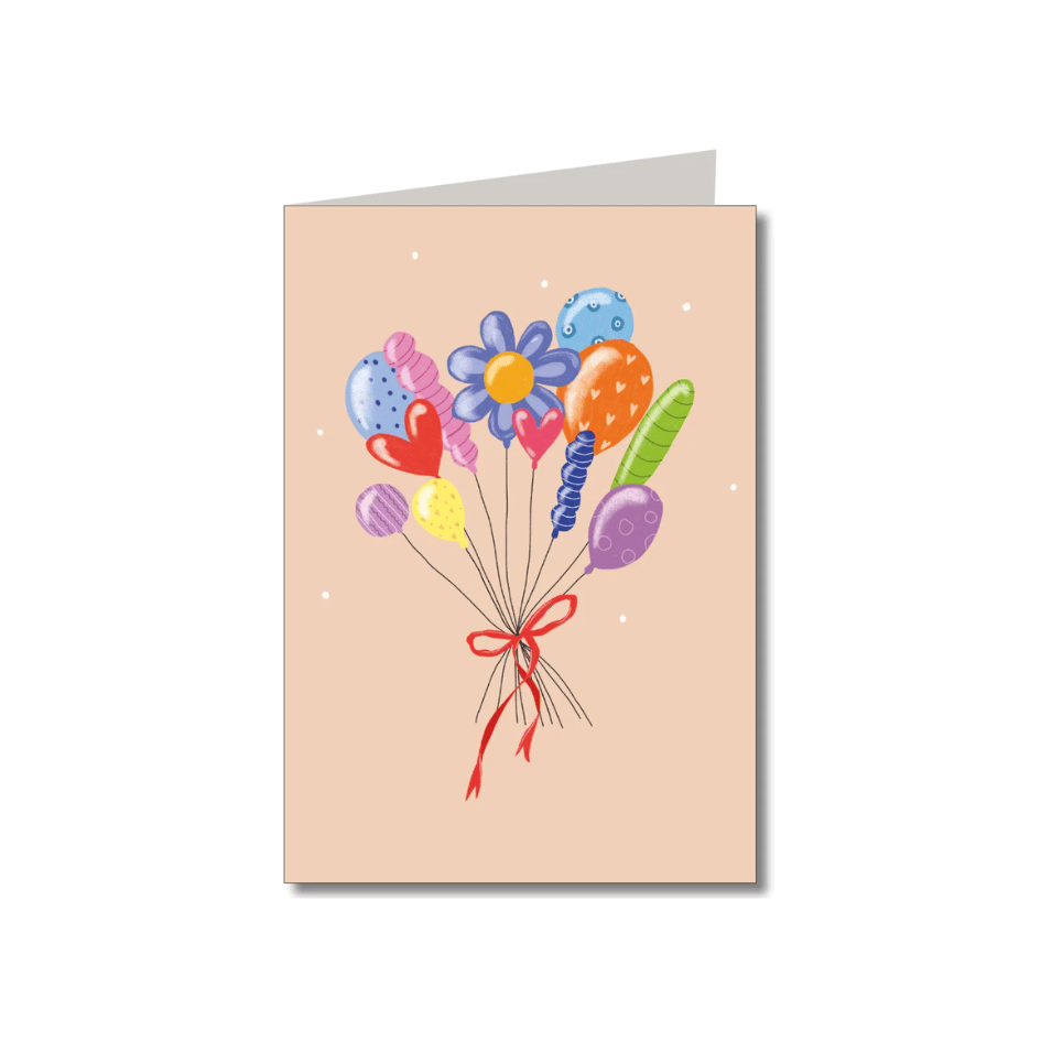 Bunte Klappkarte mit Luftballons, Herzen und Blume von Keitcards mit braunem Naturpapier-Umschlag