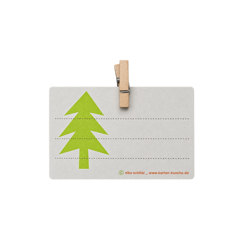 Rückseite Kleine feste Weihnachtskarte „Frohes Fest“ in Grau mit grünem Tannenbaum und Klammer, ca. 10,5 × 7,3 cm, B-Ware im Vintage-Look.