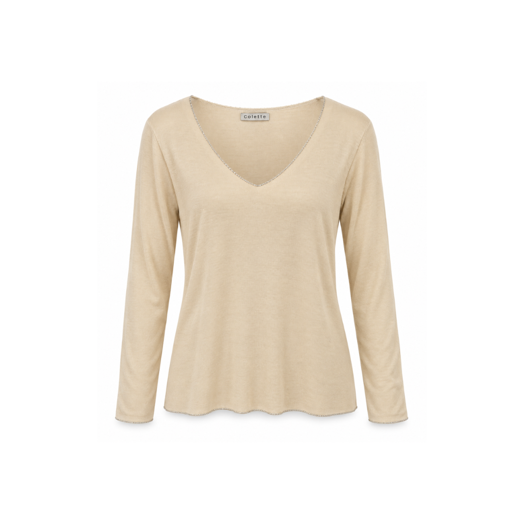 Beige-cremefarbenes Damen-Langarmshirt aus Angora, Wolle und Viskose mit leicht schimmernden Lurex-Details an Ausschnitt und Saum.