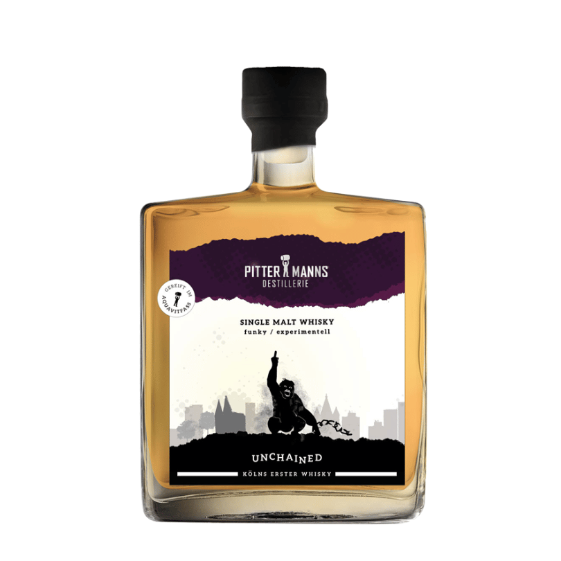 Unchained Funky Smoked Coffee Single Malt Whisky aus Köln mit 46,5 % vol., 2022 destilliert und 2025 abgefüllt, experimentell gereift mit geräuchertem Kaffee.