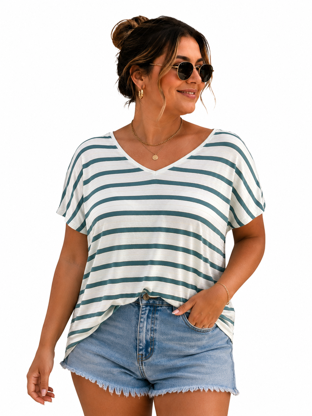 T-Shirt - Gestreift Wassergrün
