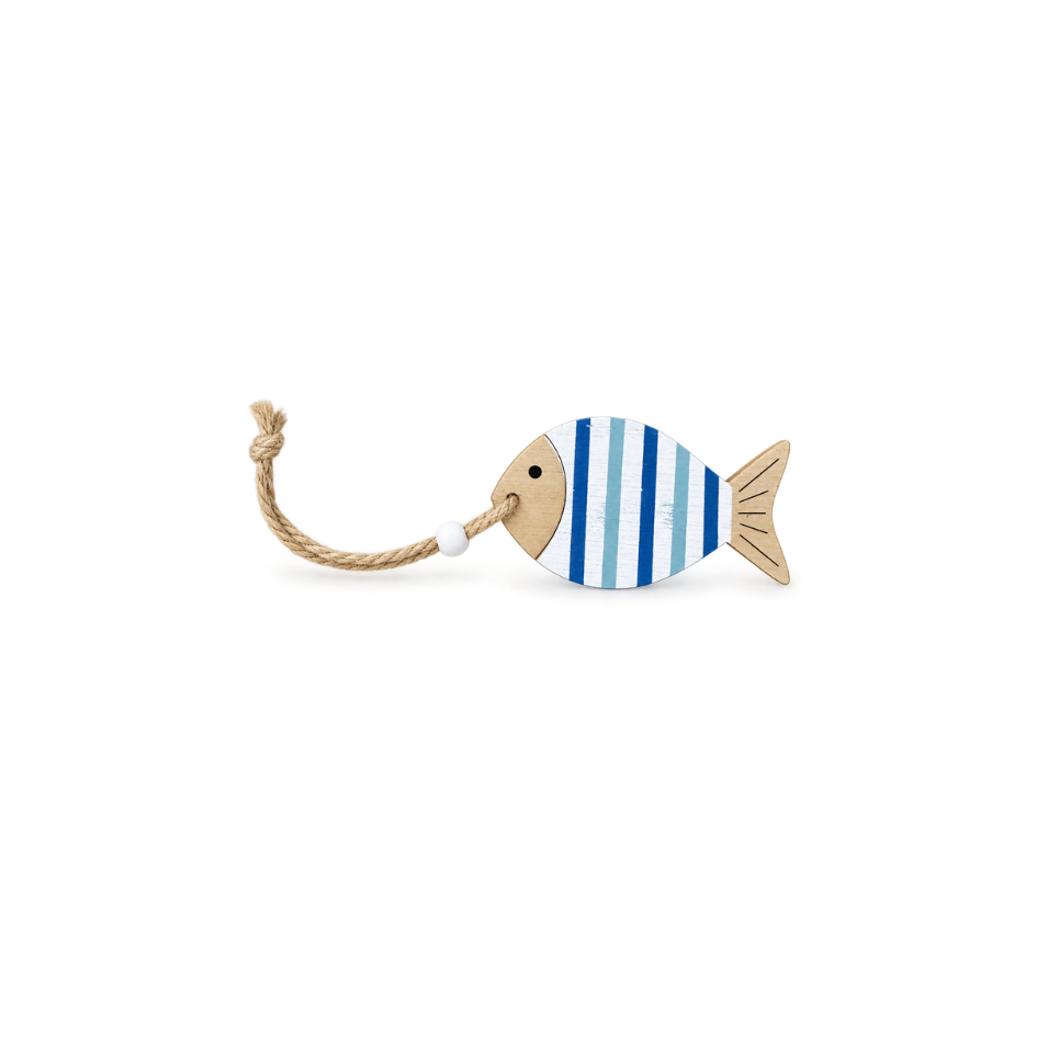 Kleiner maritimer Holzfisch Anhänger in Natur, Blau und Weiß mit Juteband und weißer Holzperle, ca. 8 × 4,5 cm gestreift blau-weiss
