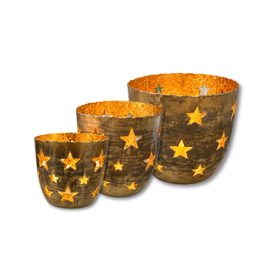 Windlicht - Sterne - Rostoptik Gold - L