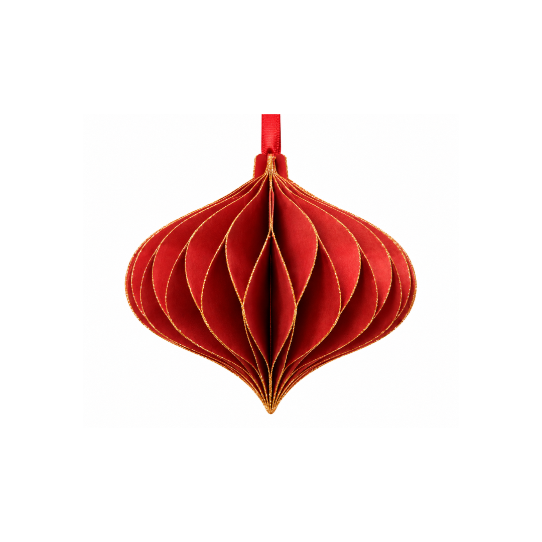 Faltbares Papierornament in Zwiebelform in gedecktem Rot mit feinem goldfarbenem Glitzerrand und rotem Band, ca. 11 x 12 cm.