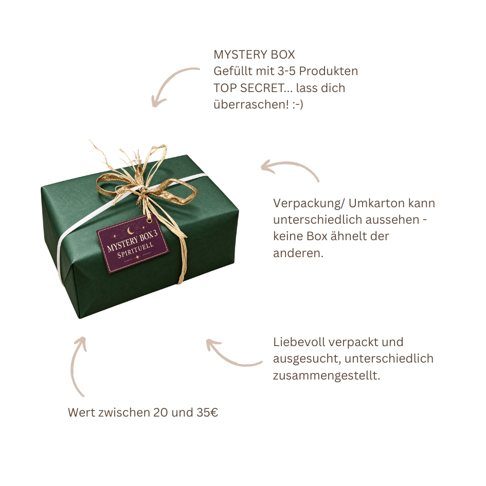 Mystery Box Nr. 2 Spirituell mit 3 bis 5 liebevoll ausgewählten Überraschungen rund um Achtsamkeit, Bewusstsein und kleine Rituale.