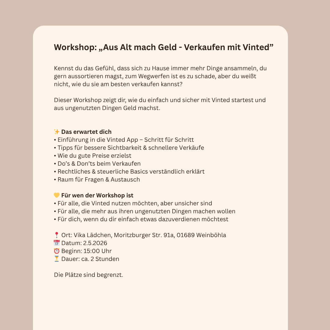 Event 2. Mai • Vinted Workshop – Verkaufen lernen und Geld verdienen