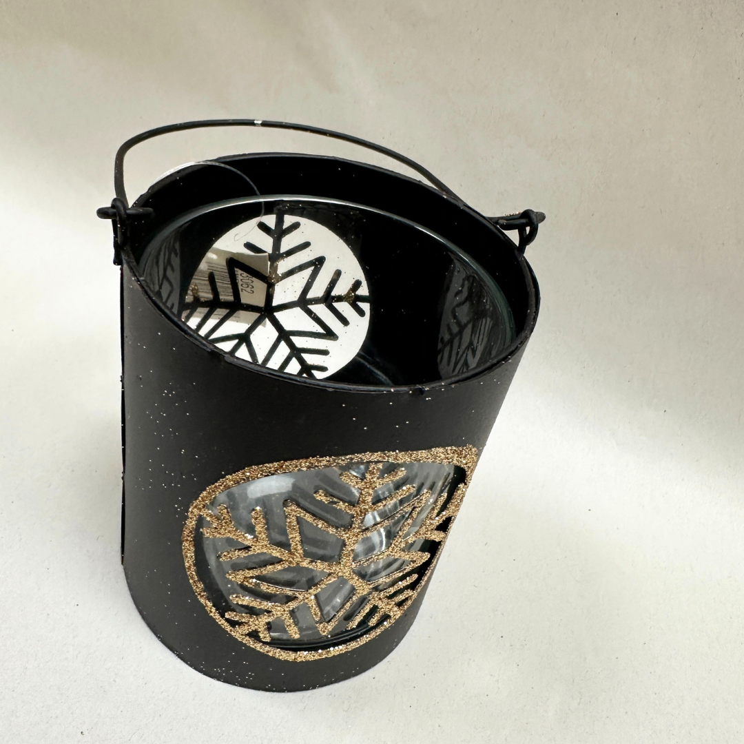 Laterne Mini - schwarz-gold - Schneeflocken