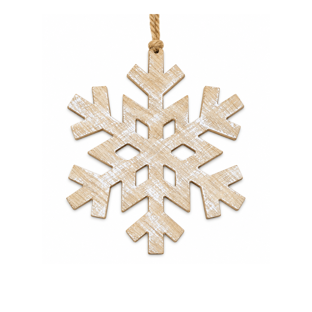 Weiße Schneeflocke aus Holz mit braunen Kanten und Naturband zum Aufhängen, ca. 19,5 x 19,5 cm, für Winter- und Weihnachtsdeko.