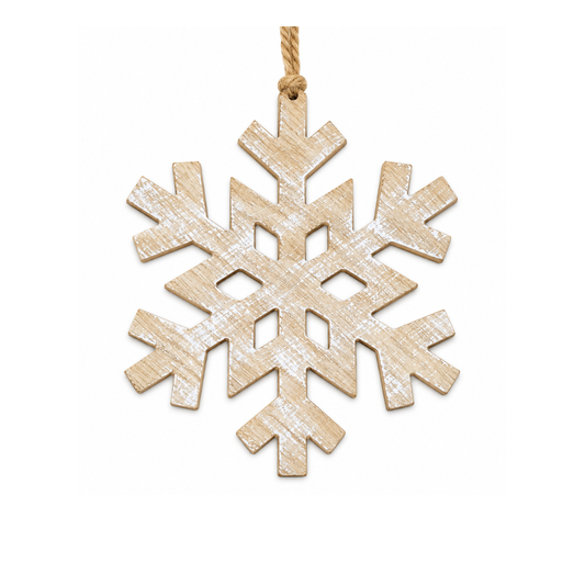 Weiße Schneeflocke aus Holz mit braunen Kanten und Naturband zum Aufhängen, ca. 19,5 x 19,5 cm, für Winter- und Weihnachtsdeko.