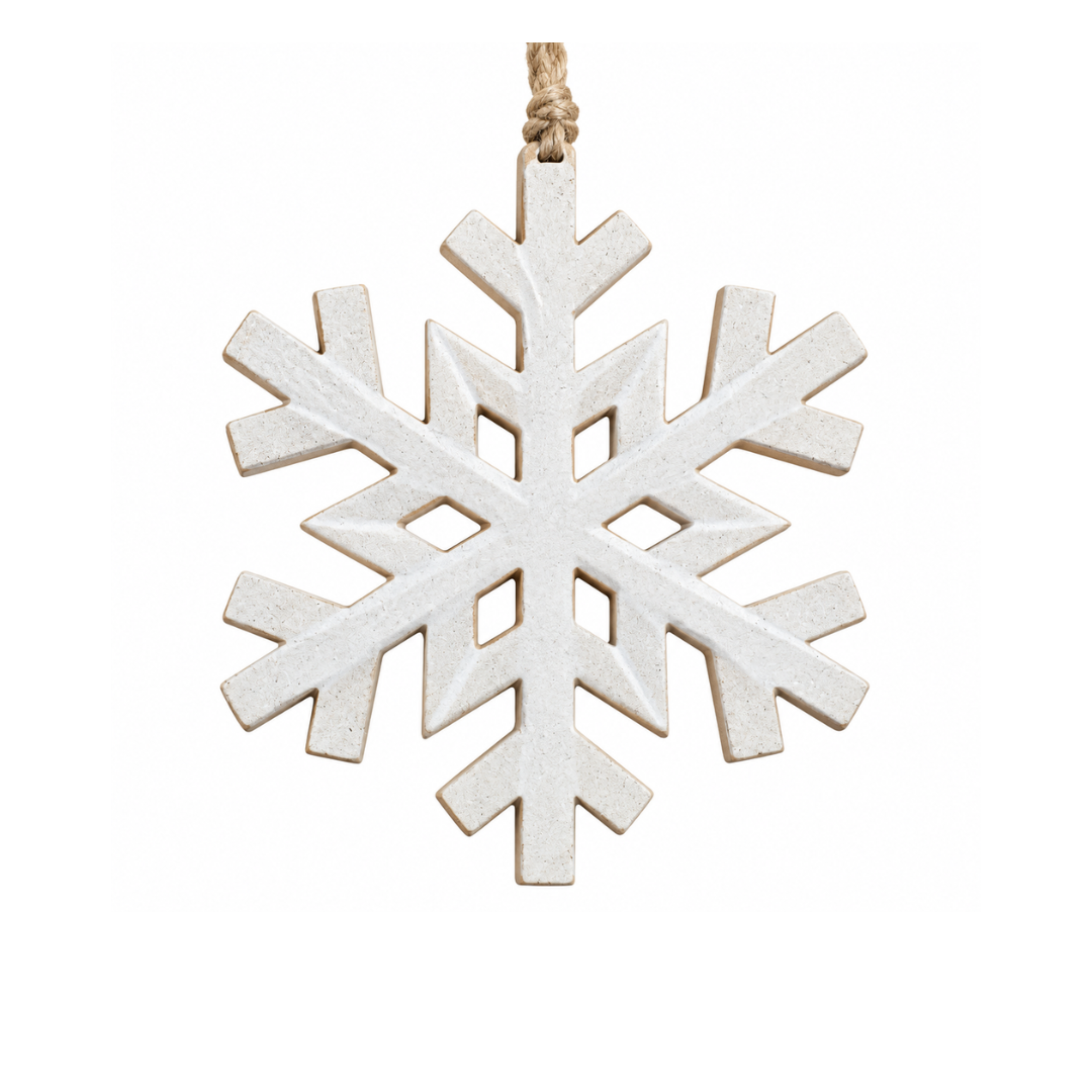 Weiße Schneeflocke aus Holz im Vintage Look mit Naturband zum Aufhängen, ca. 19,5 x 19,5 cm, für Winter- und Weihnachtsdeko.