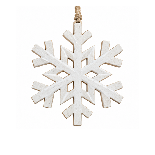 Weiße Schneeflocke aus Holz im Vintage Look mit Naturband zum Aufhängen, ca. 19,5 x 19,5 cm, für Winter- und Weihnachtsdeko.