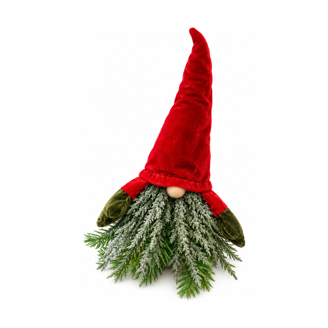 Skandinavischer Weihnachtswichtel Kantenhocker mit roter Samtmütze, grünen Armen und Körper aus Kunst-Tannengrün, ca. 35 x 16 cm.
