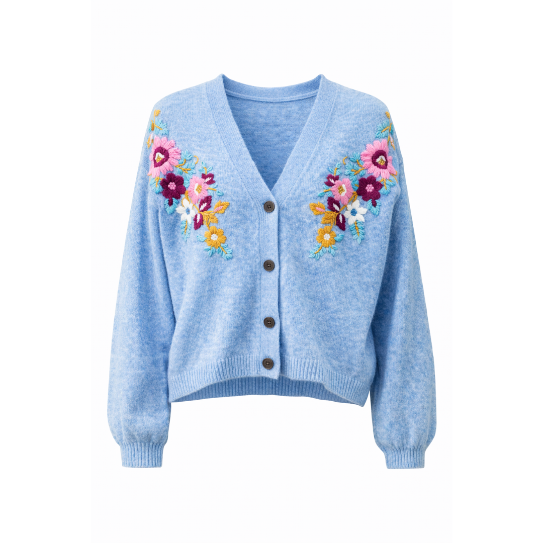 Strickjacke - FLEURS - bestickt mit Blumen – blau