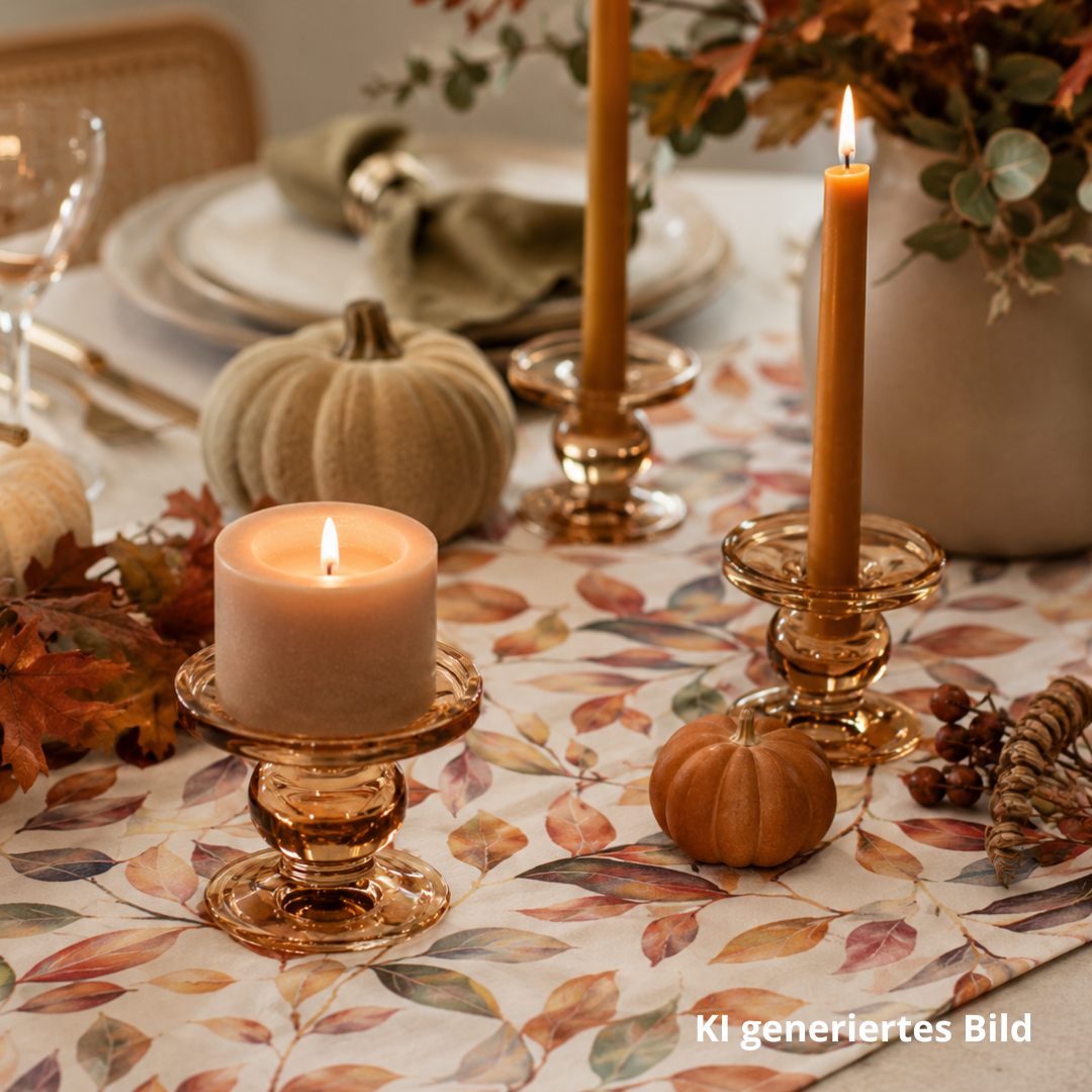 Kerzenhalter aus transparentem Glas in Light Brown auf herbstlichen Tischläufer und Herbstdeko Arrangement