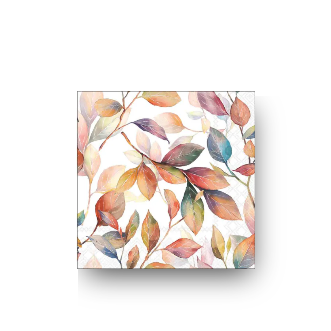 Ambiente Papierserviette Colorful Leaves 25 x 25 cm mit bunten Aquarell-Blättern und Zweigen in warmen Herbstfarben.