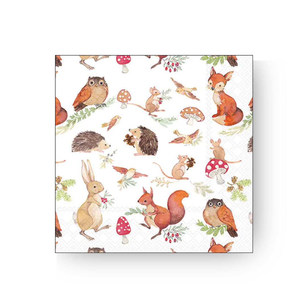 Ambiente Papierservietten Woodland Animals 33 x 33 cm mit Fuchs, Hase, Igel, Eule, Eichhörnchen, Mäusen und Pilzen.