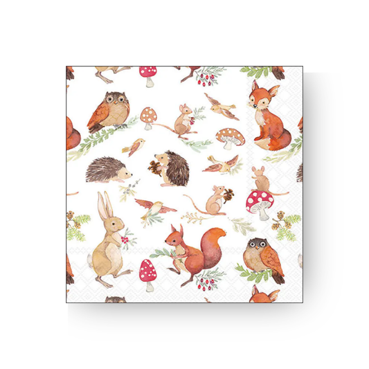 Ambiente Papierservietten Woodland Animals 33 x 33 cm mit Fuchs, Hase, Igel, Eule, Eichhörnchen, Mäusen und Pilzen.