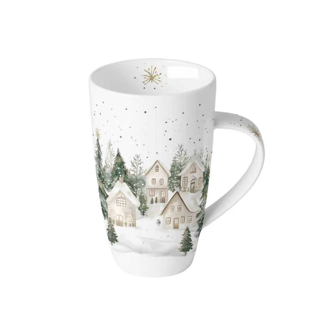 Ambiente Becher Snowy Houses aus Fine Bone China mit verschneitem Winterdorf, kleinen Häusern, grünen Tannen und Schneeflocken, 0,6 Liter.