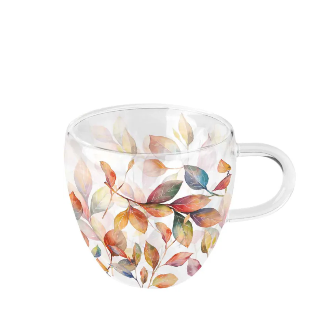 Doppelwandiges Teeglas Colorful Leaves von Ambiente aus Borosilikatglas mit buntem Blätter- und Zweigmotiv, 0,2 Liter.