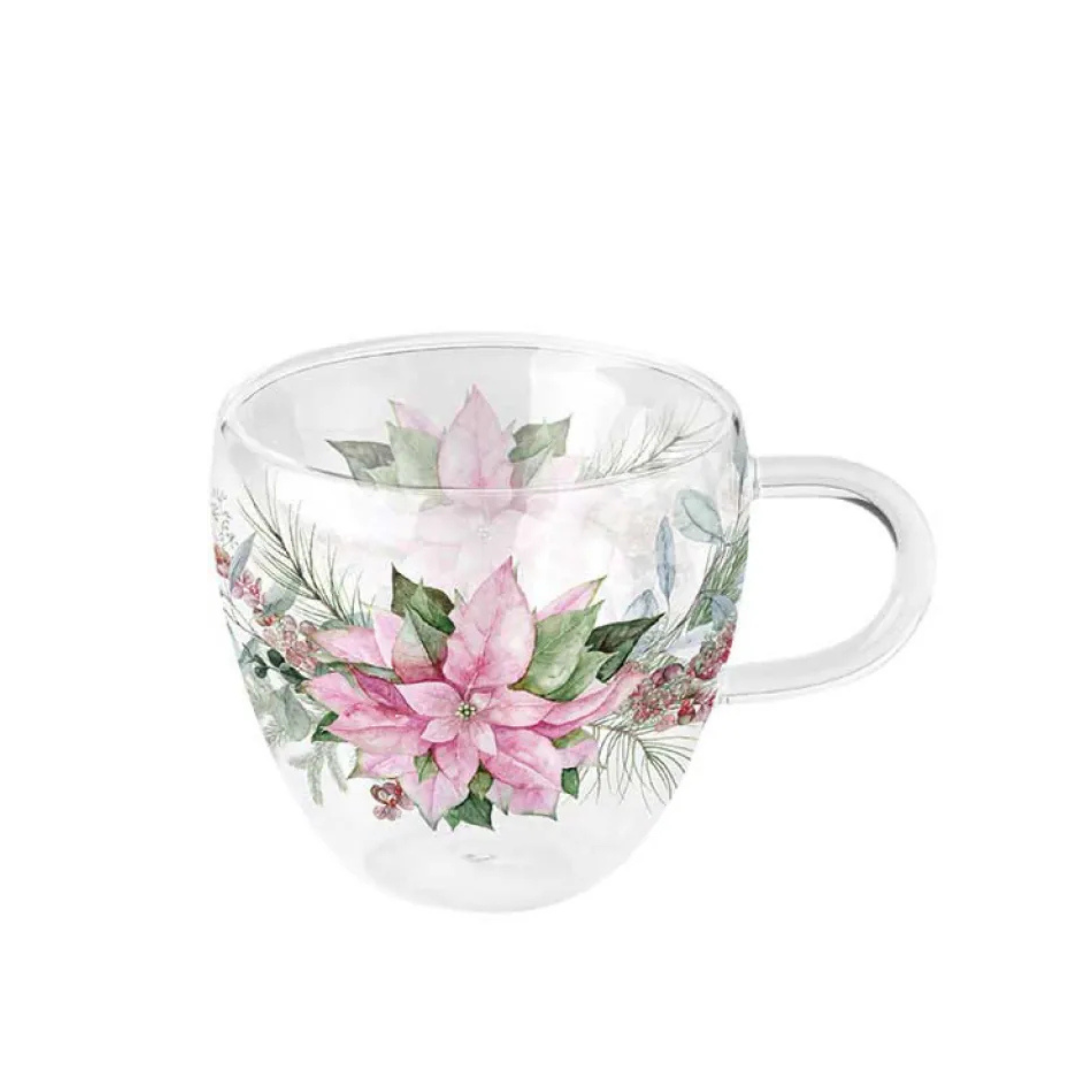 Doppelwandiges Trinkglas - Teeglas - Pink Poinsettia