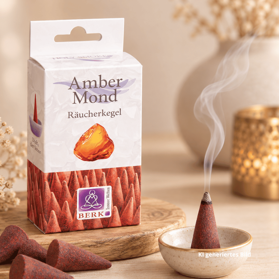Amber Mond Räucherkegel von Berk mit warmem Amber-Vanille-Duft, 14 handgefertigte Masala-Kegel aus Indien inklusive Keramikhalter.