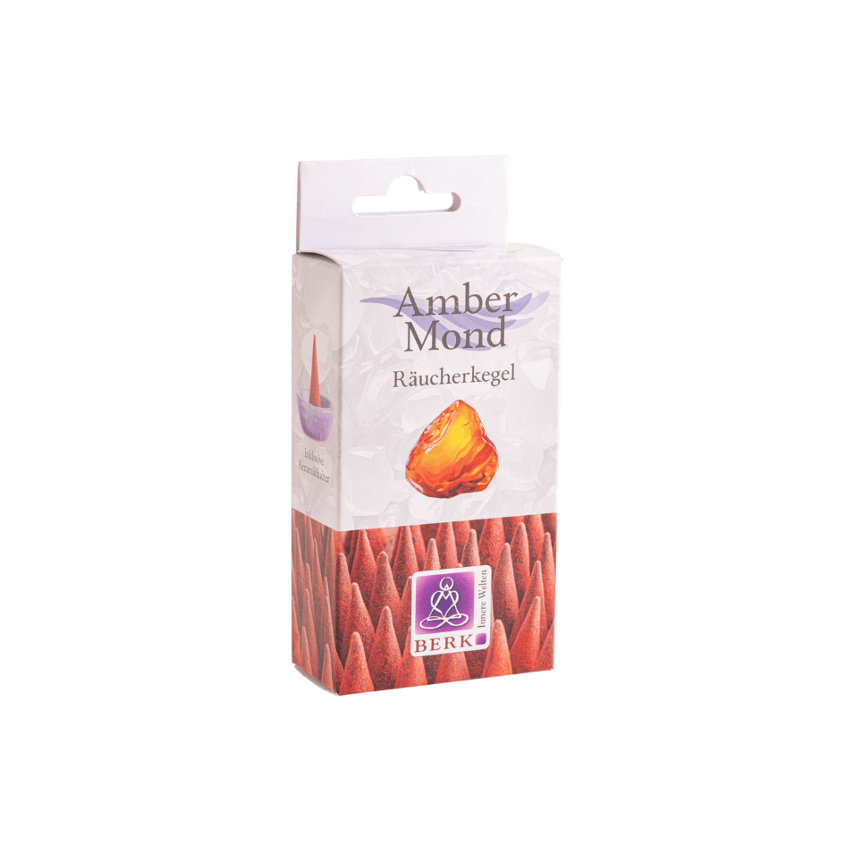 Amber Mond Räucherkegel von Berk mit warmem Amber-Vanille-Duft, 14 handgefertigte Masala-Kegel aus Indien inklusive Keramikhalter.