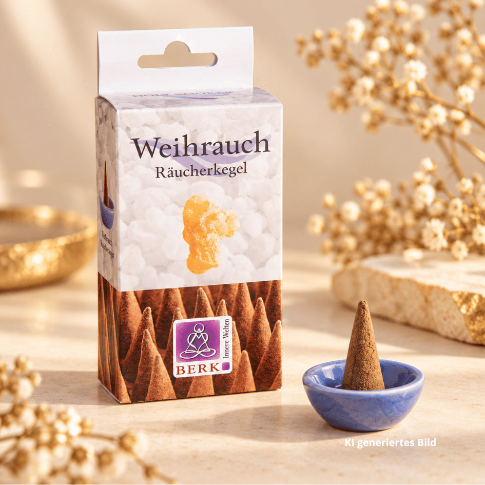 Weihrauch Räucherkegel von Berk, 14 handgefertigte Masala-Kegel aus Indien mit 20 g Inhalt und kleinem Keramikhalter.