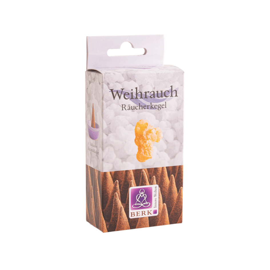 Weihrauch Räucherkegel von Berk, 14 handgefertigte Masala-Kegel aus Indien mit 20 g Inhalt und kleinem Keramikhalter.