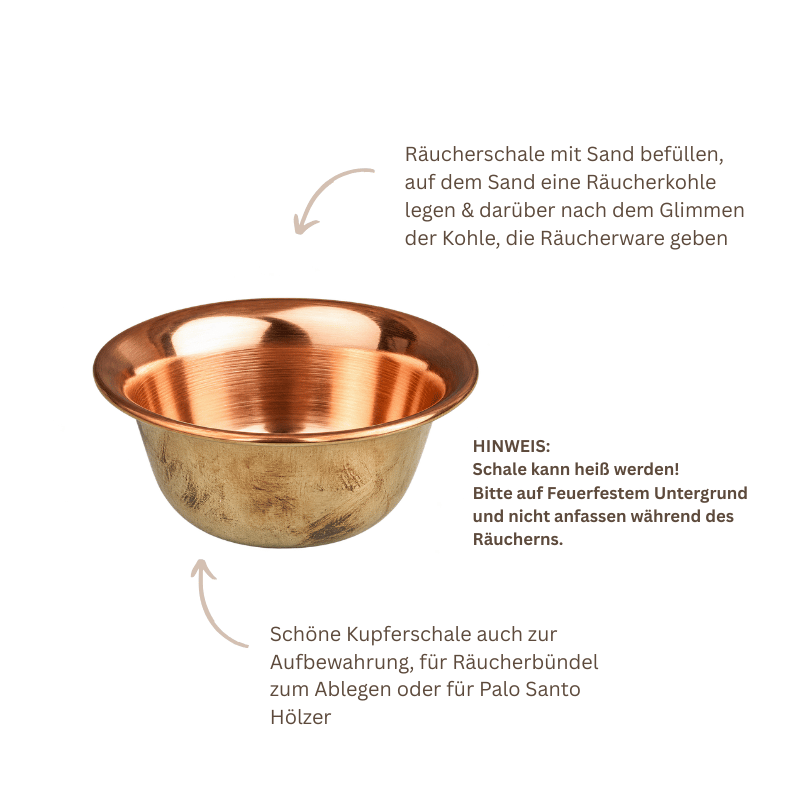 Kleine runde Räucherschale aus Kupfer, ca. 9 cm Durchmesser und 4 cm hoch, für Räucherwerk, Rituale und symbolische Gaben.