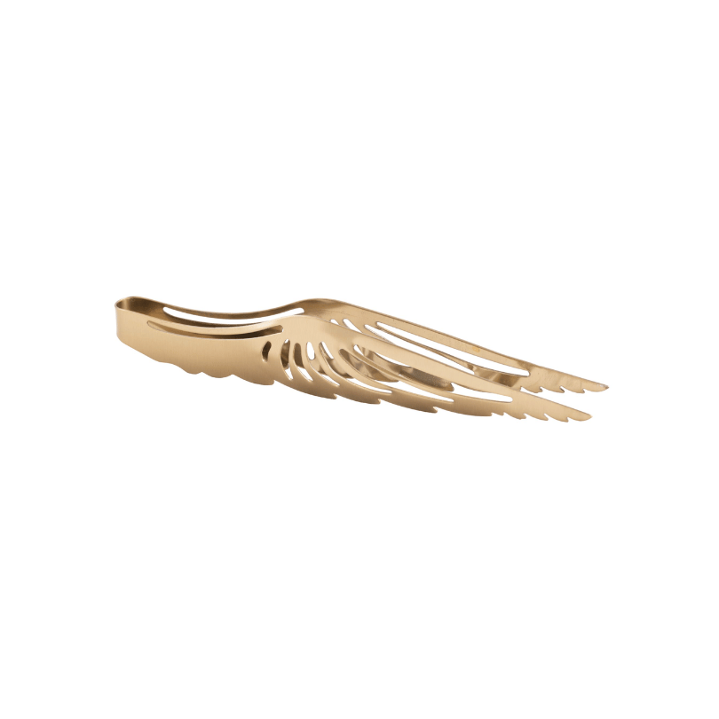 Goldfarbene Räucherzange aus Edelstahl in filigraner Engelsflügel-Form, ca. 23 cm lang, für Räucherkohle und spirituelle Rituale.