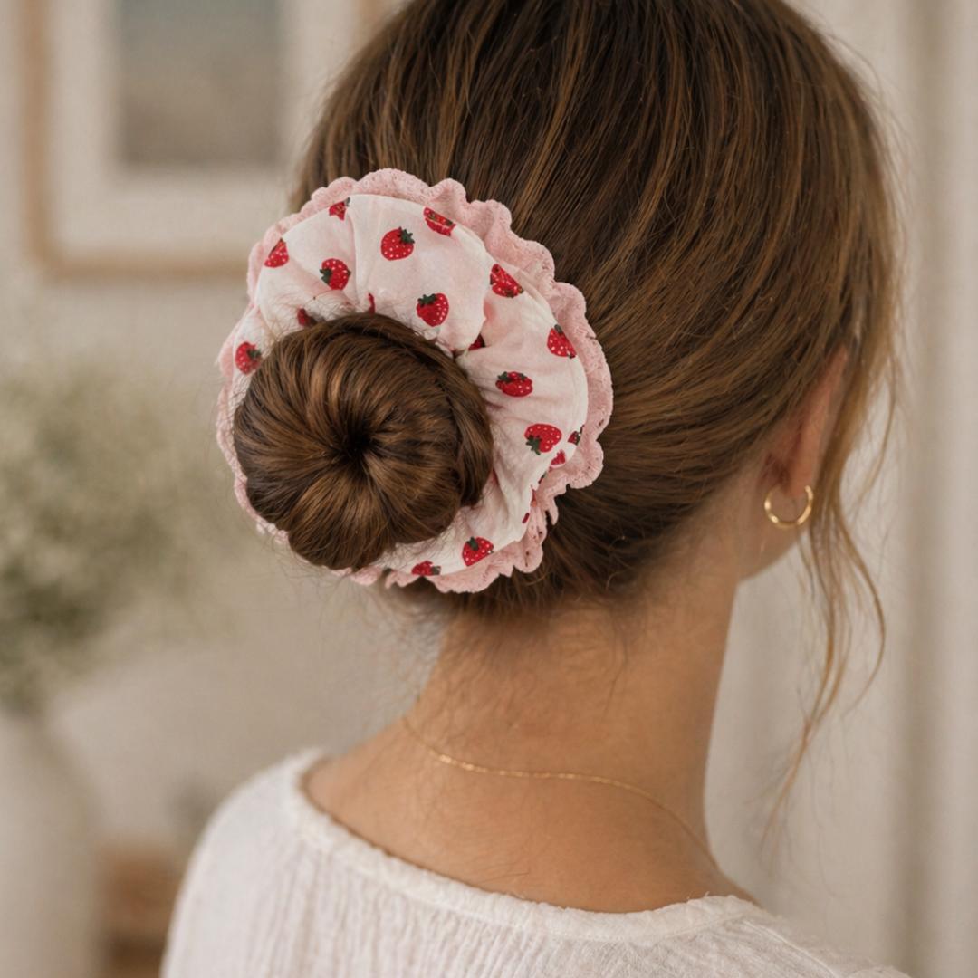 Stoff-Haargummi - Erdbeeren und Spitze 15 cm