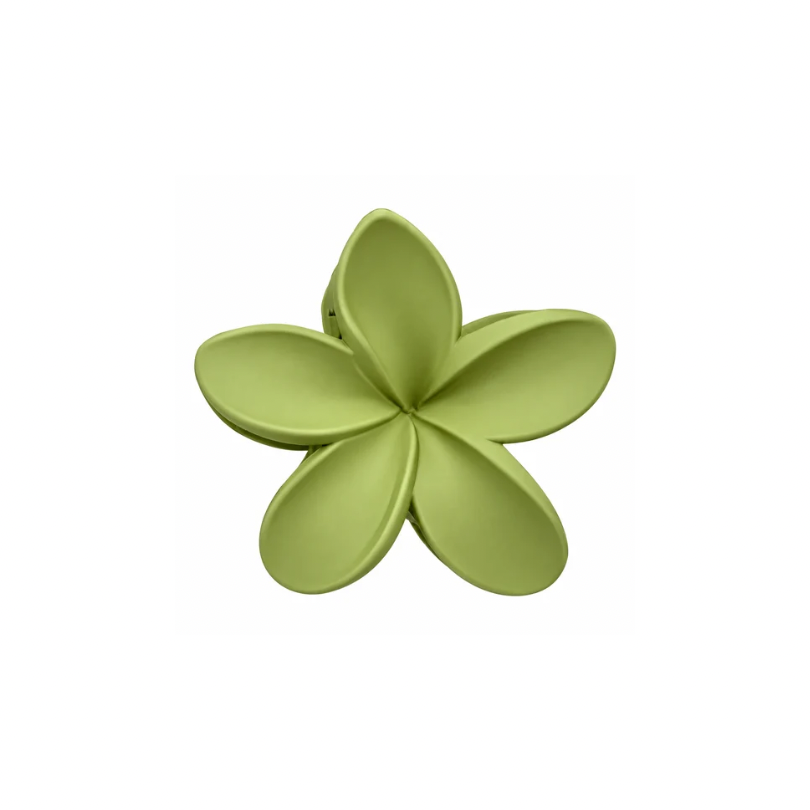 Matte grüne Blumen-Haarspange in fünfblättriger Blütenform, ca. 7 cm groß, als modernes Haaraccessoire.