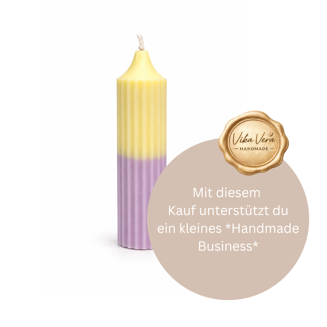 Stabkerze dick - Riffel - flieder-gelb