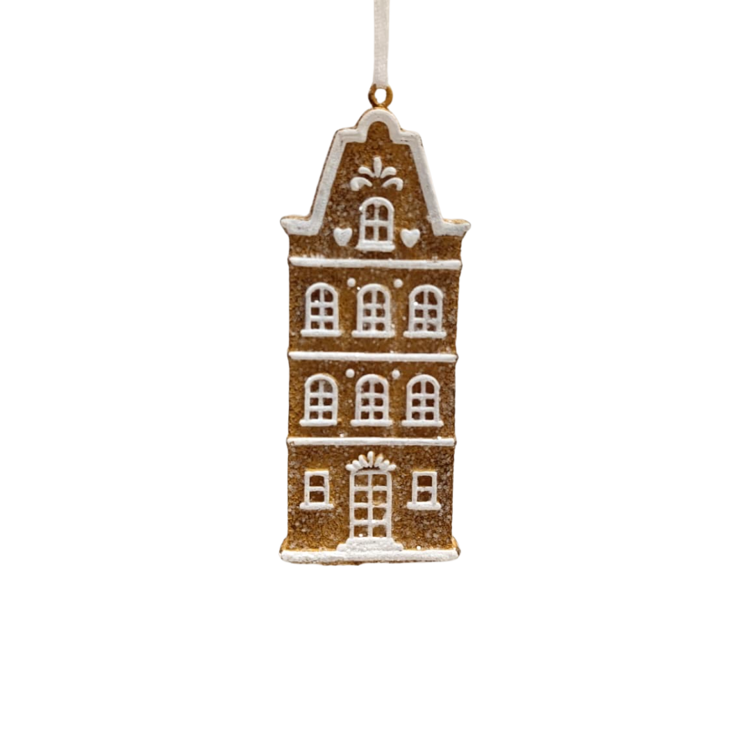Dekoanhänger Lebkuchenhaus aus Polyresin – Braun & Weiß, leicht glitzernd