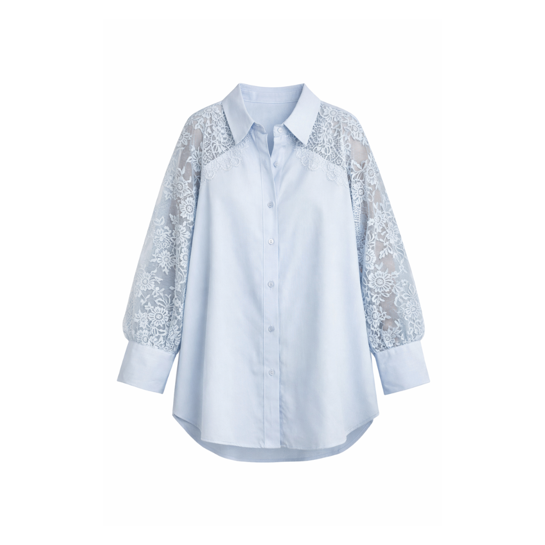 Satinhemd mit Spitze - hellblau