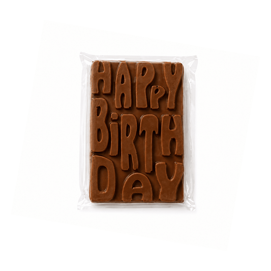 Happy Birthday Schokoladentafel mit erhabenem Schriftzug als süße Geschenkidee und Geburtstagsgruß.