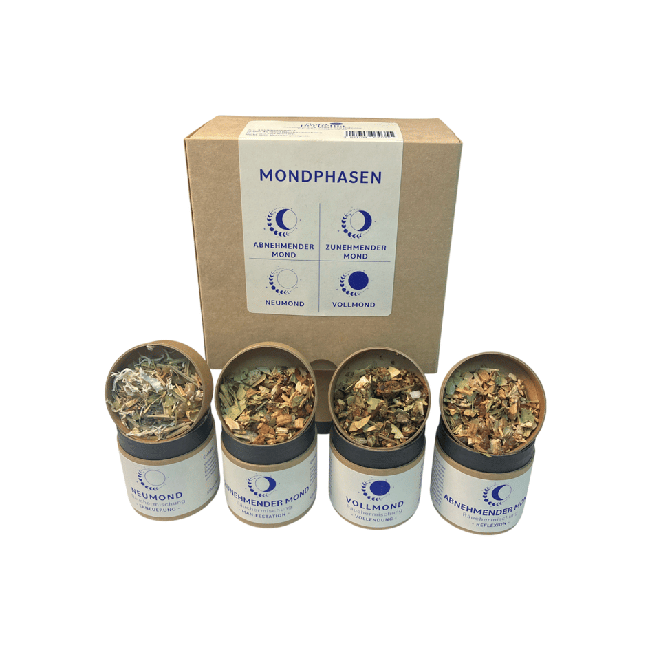 Mondphasen-Set mit vier Räuchermischungen à 50 ml für Neumond, zunehmenden Mond, Vollmond und abnehmenden Mond.- alle vier Mischungen offen und lose.