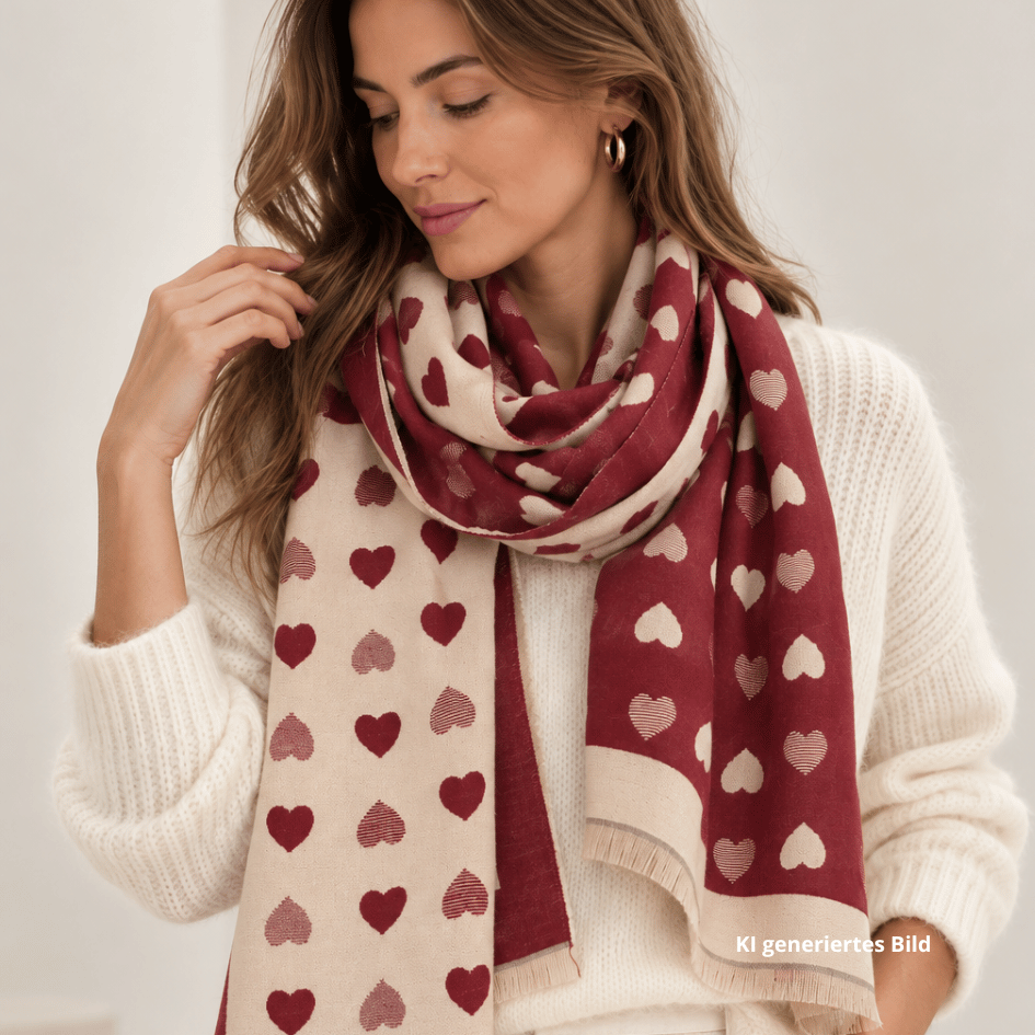 Weicher Wendeschal mit Herzmuster in Bordeauxrot und Creme, beidseitig tragbar und mit ca. 180 × 65 cm auch als Stola geeignet. Look mit Model.