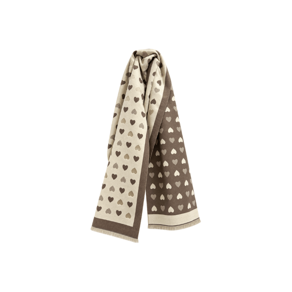 Weicher Wendeschal mit Herzmuster in Braun und Beige, beidseitig tragbar und mit ca. 180 × 65 cm auch als Stola geeignet.