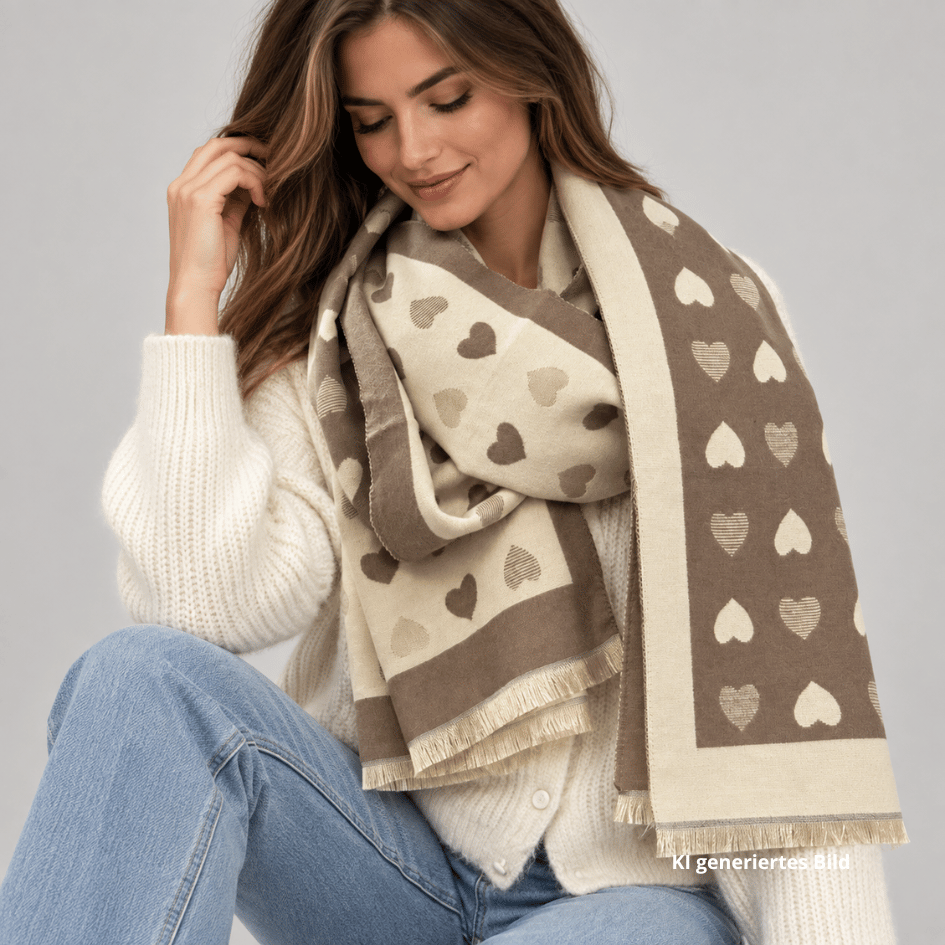 Weicher Wendeschal mit Herzmuster in Braun und Beige, beidseitig tragbar und mit ca. 180 × 65 cm auch als Stola geeignet Look eines Models.