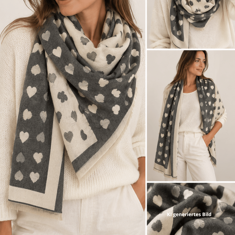 Verschiedene Looks Weicher Wendeschal mit Herzmuster in Creme und Grau, beidseitig tragbar und mit ca. 180 × 65 cm auch als Stola geeignet.