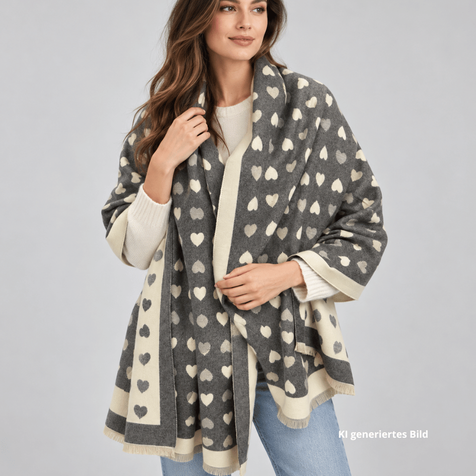 Weicher Wendeschal mit Herzmuster in Creme und Grau, beidseitig tragbar und mit ca. 180 × 65 cm als Stola umgelegt.